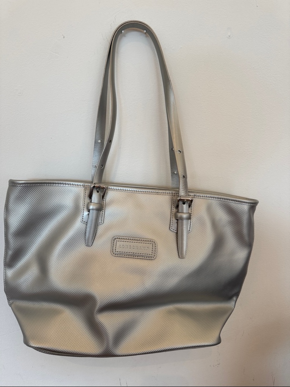 Longchamp Silver Metallic Shoulder Tote
